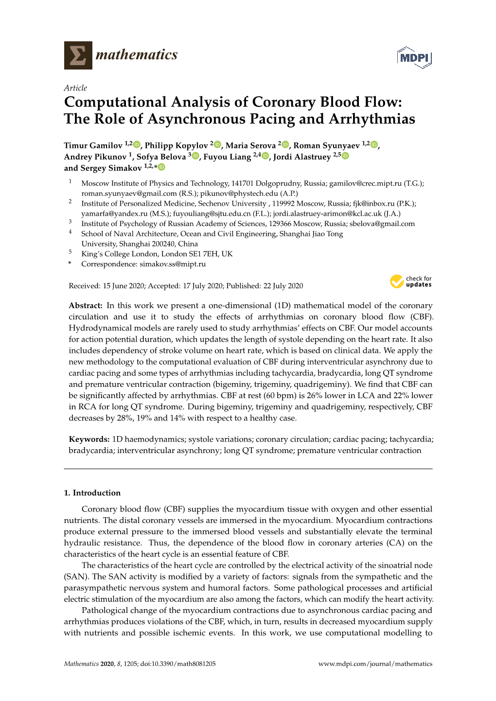 Computational Analysis of Coronary Blood Flow: the Role of Asynchronous Pacing and Arrhythmias