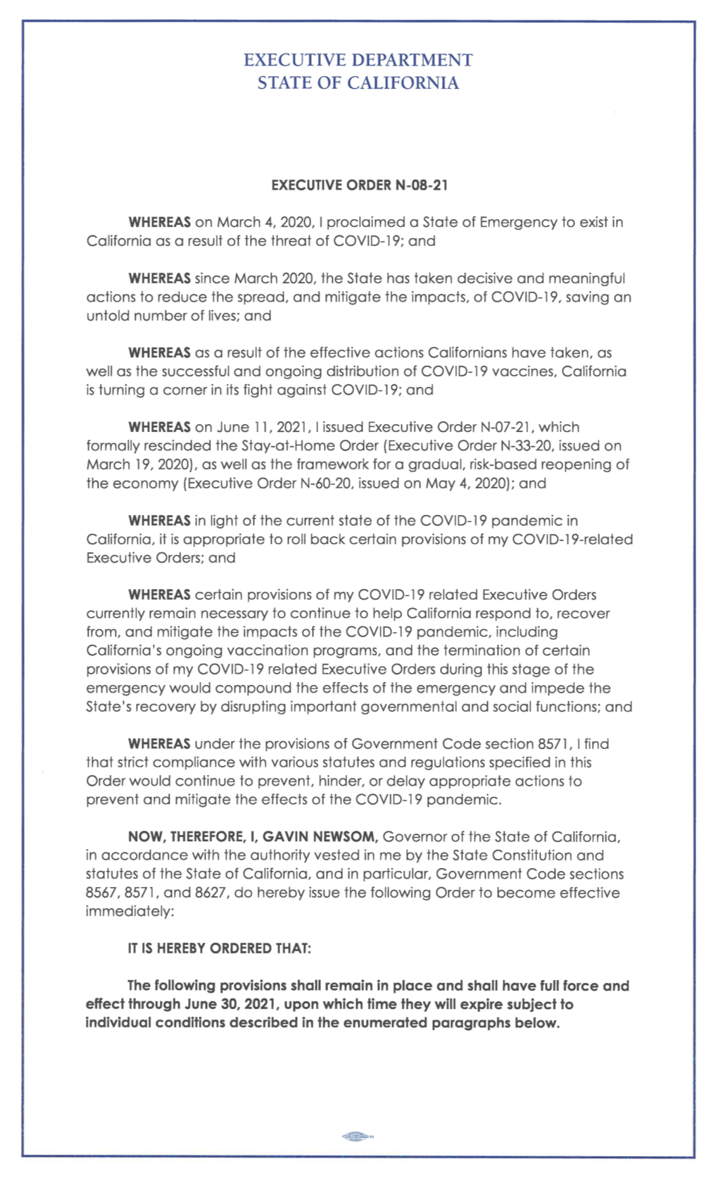 Executive Order N-08-21