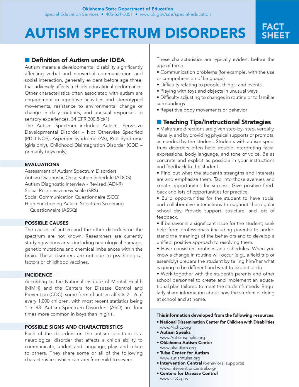 Autism Spectrum Disorders Sheet