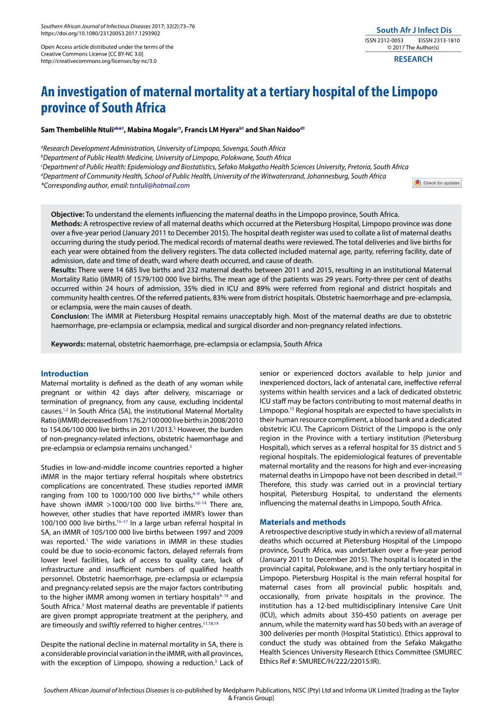 An Investigation of Maternal Mortality at a Tertiary Hospital of the Limpopo Province of South Africa