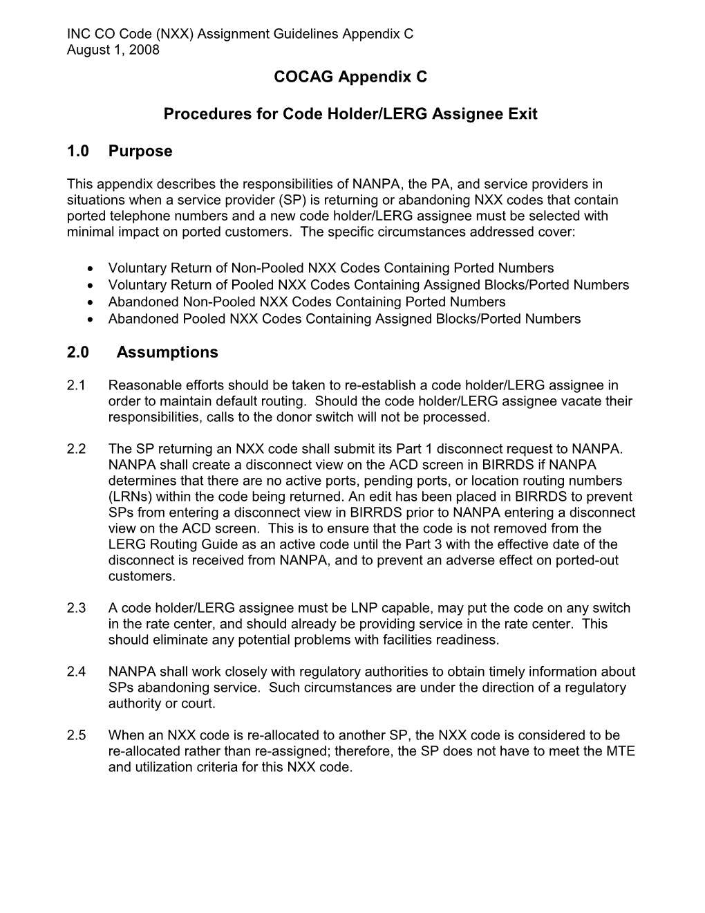 Procedures for Code Holder/LERG Assignee Exit