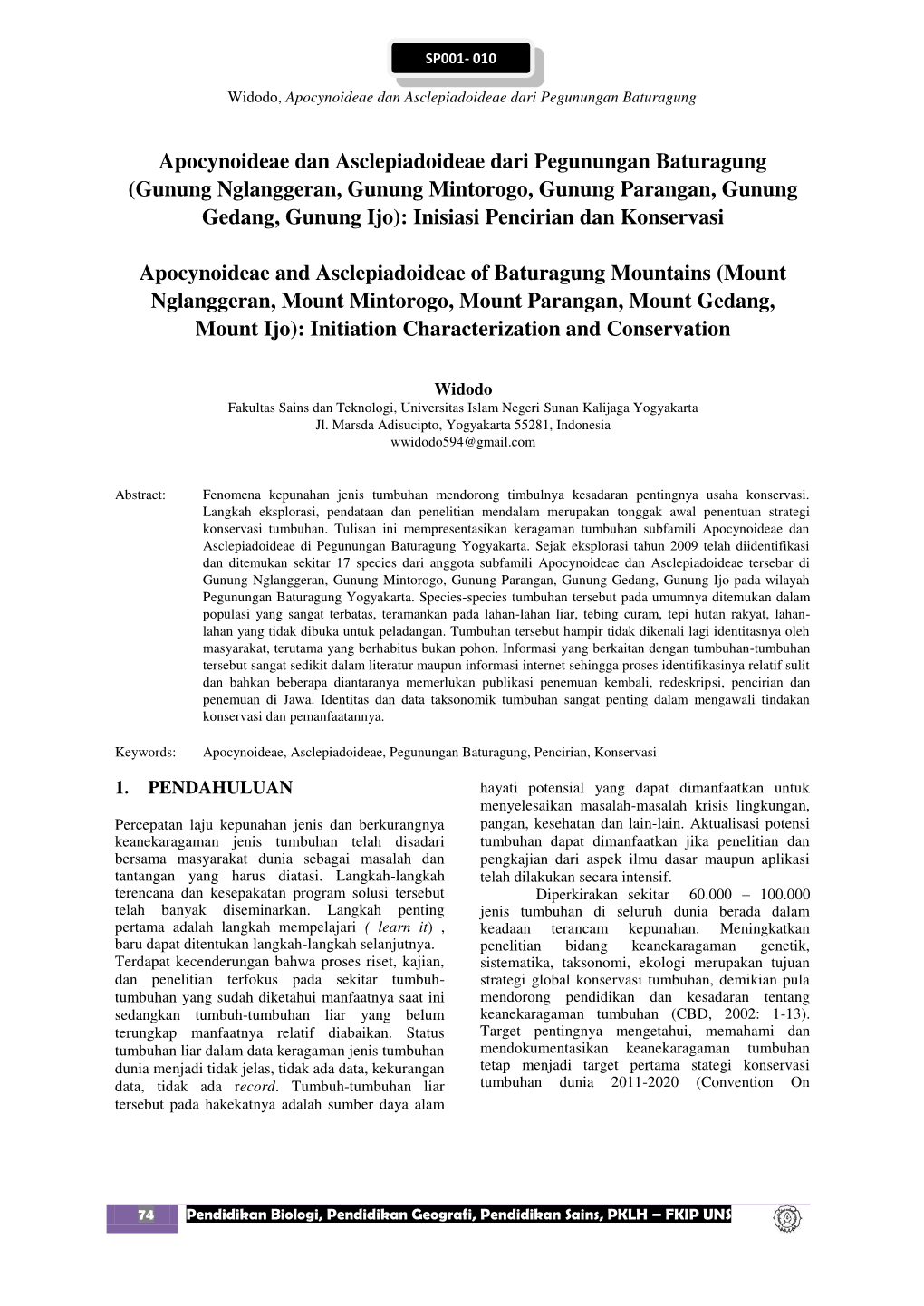 Apocynoideae Dan Asclepiadoideae Dari Pegunungan Baturagung