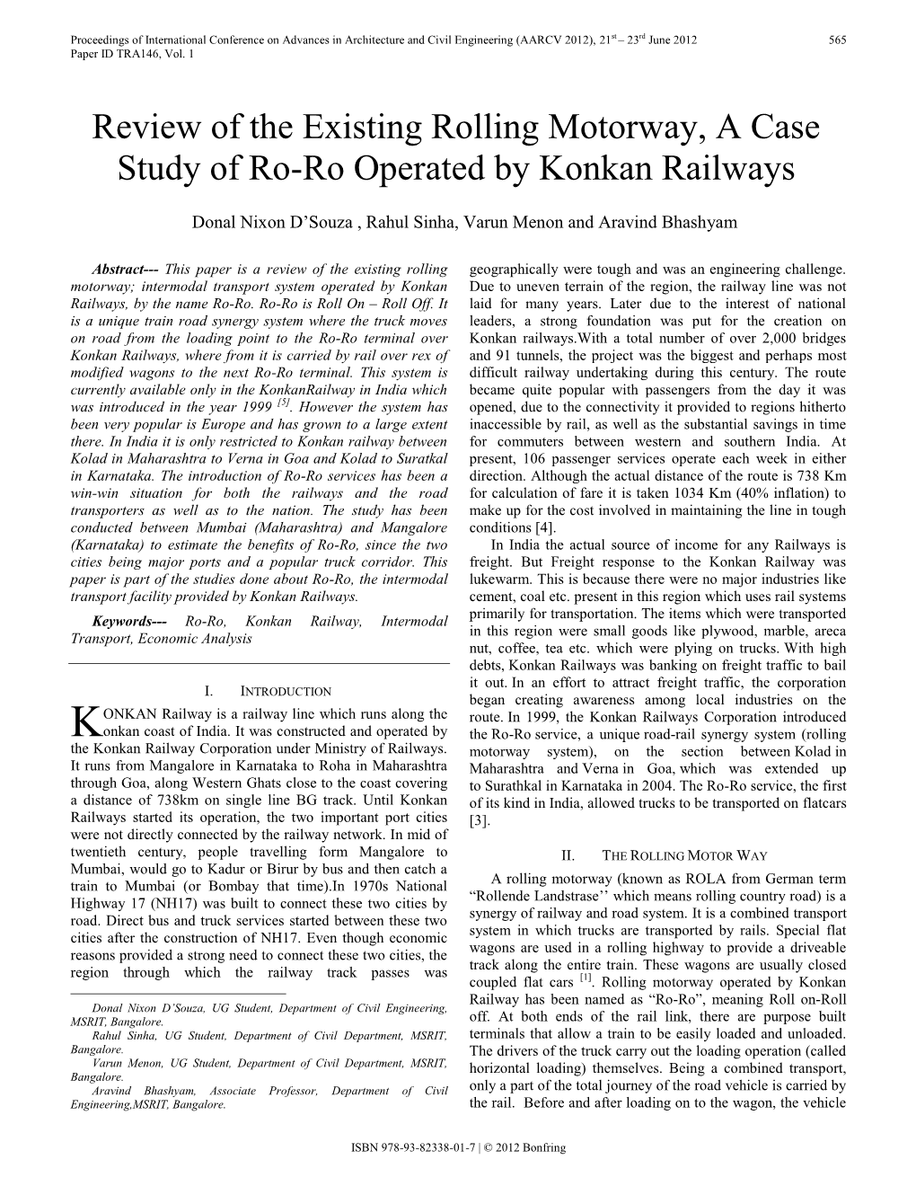 Review of the Existing Rolling Motorway, a Case Study of Ro-Ro Operated by Konkan Railways