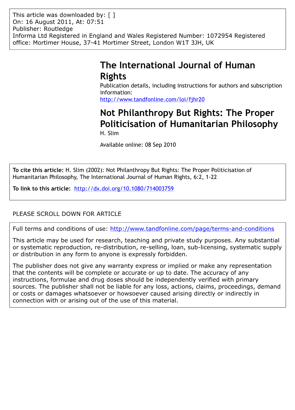 The Proper Politicisation of Humanitarian Philosophy H