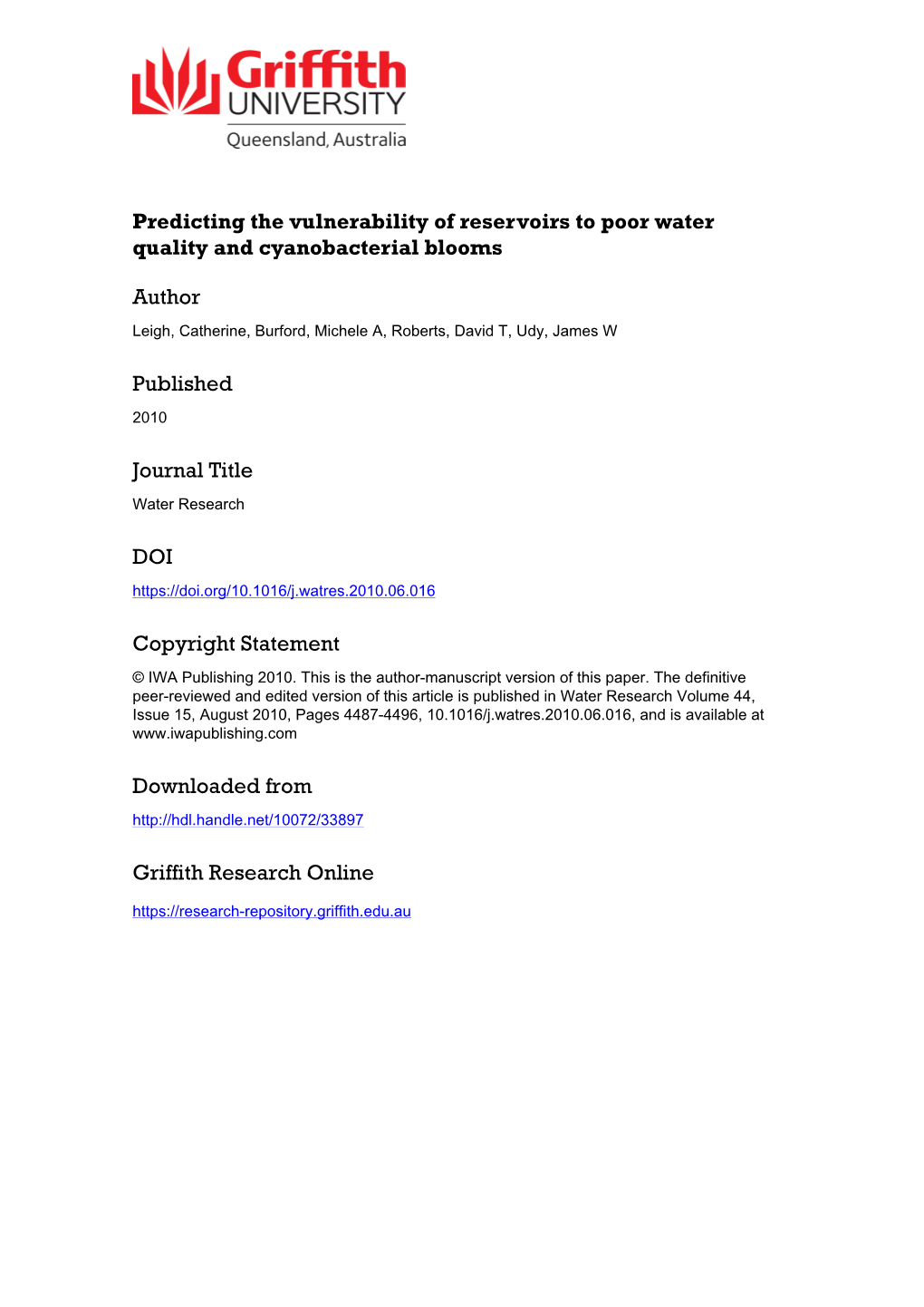 An Index of Vulnerability to Poor Water Quality, Including Algal Blooms, In