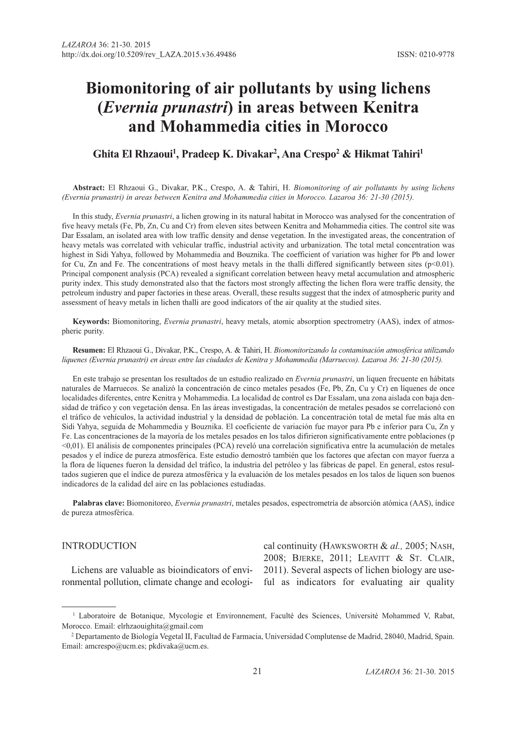 Biomonitoring of Air Pollutants by Using Lichens (Evernia Prunastri) in Areas Between Kenitra and Mohammedia Cities in Morocco