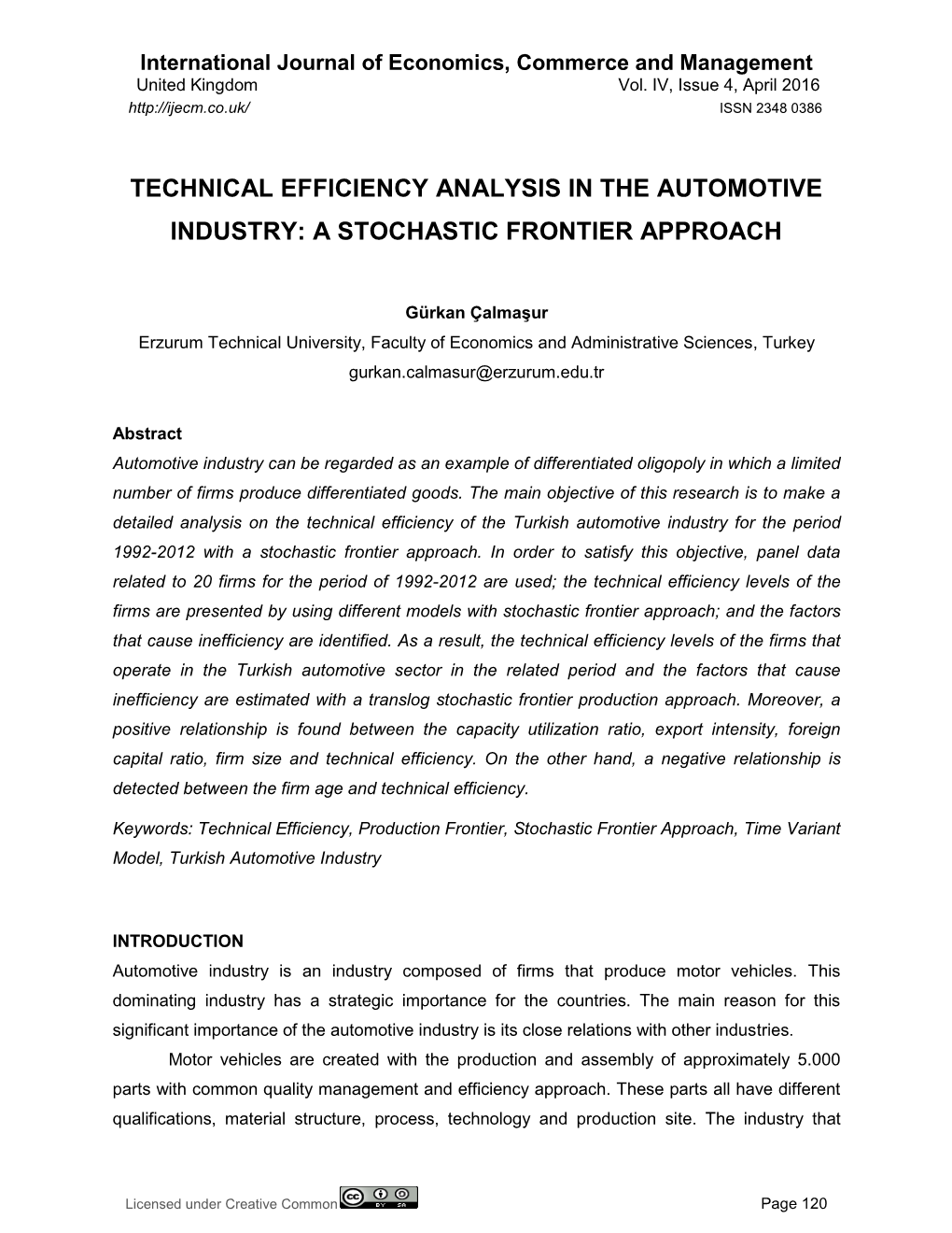 Technical Efficiency Analysis in the Automotive Industry: a Stochastic Frontier Approach