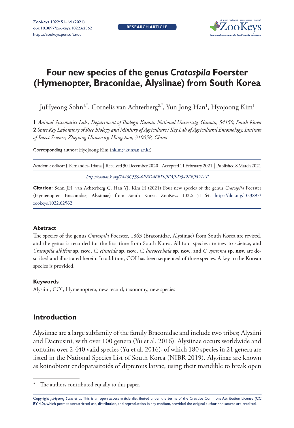 Four New Species of the Genus Cratospila Foerster (Hymenopter, Braconidae, Alysiinae) from South Korea