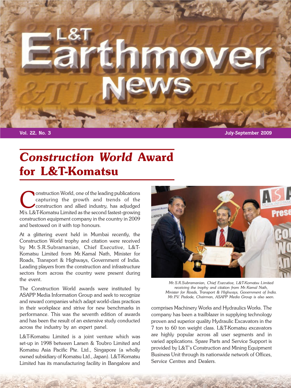 Construction World Award for L&T-Komatsu