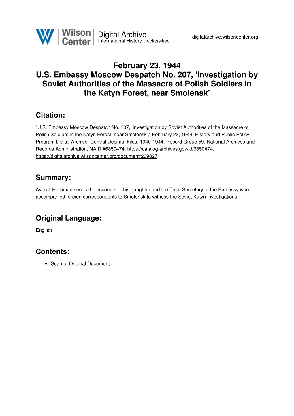 February 23, 1944 U.S. Embassy Moscow Despatch No. 207, 'Investigation by Soviet Authorities of the Massacre of Polish Soldiers in the Katyn Forest, Near Smolensk'