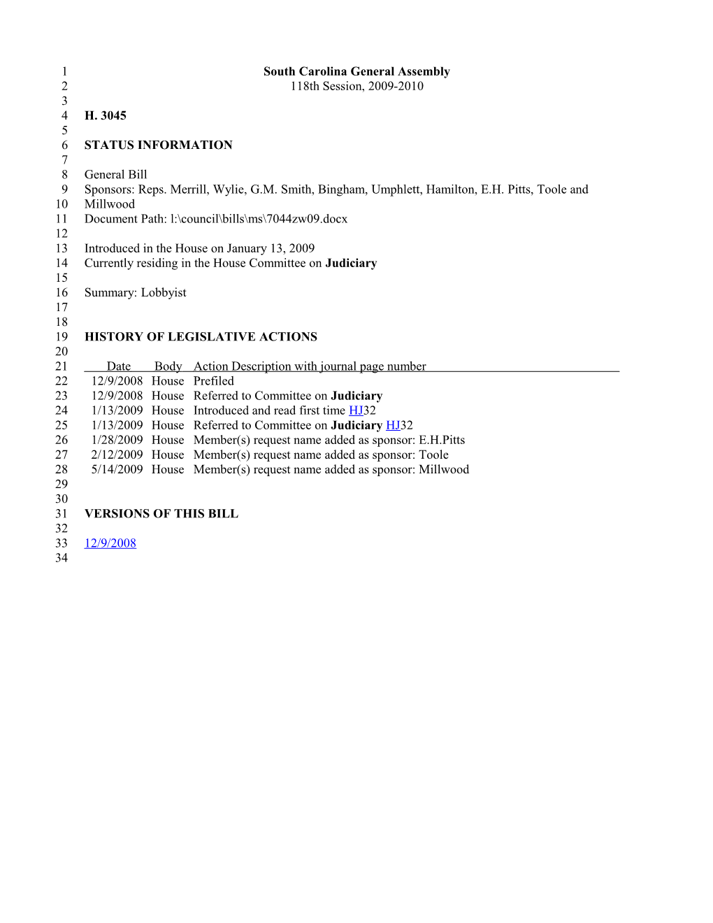 2009-2010 Bill 3045: Lobbyist - South Carolina Legislature Online