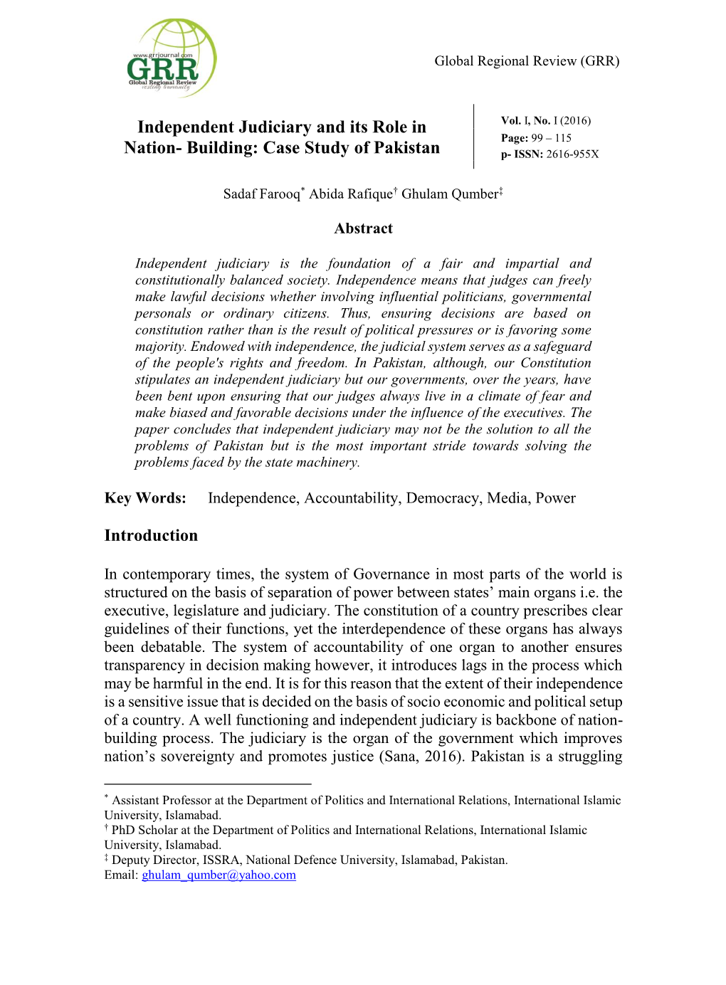 Independent Judiciary and Its Role in Nation- Building: Case Study of Pakistan