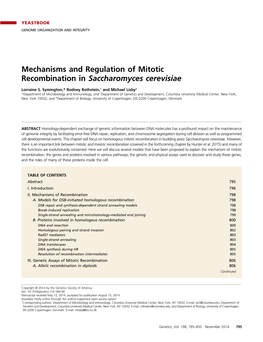 Mechanisms and Regulation of Mitotic Recombination in Saccharomyces Cerevisiae