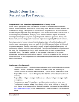 South Colony Basin Recreation Fee Proposal