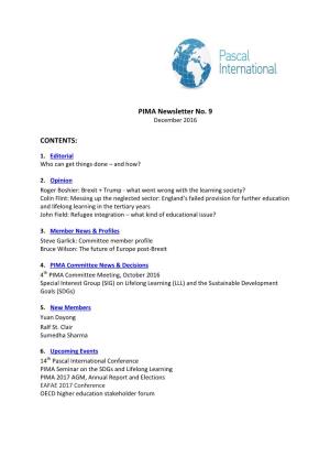 PIMA Newsletter No. 9 CONTENTS