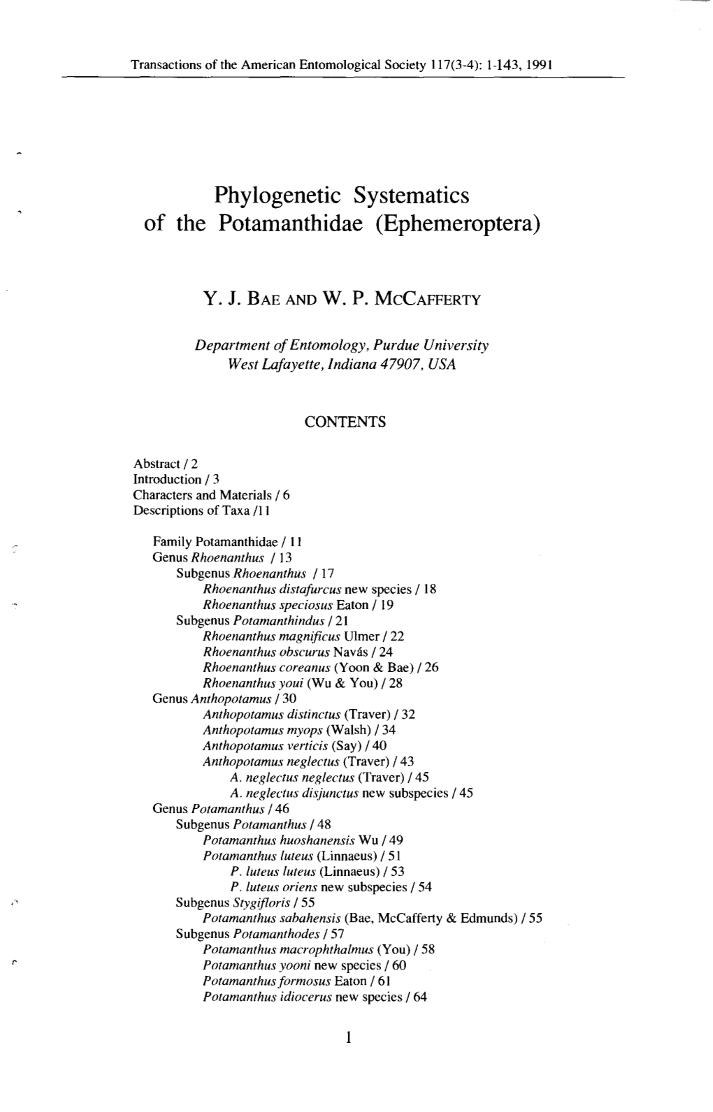 Phylogenetic Systematics of the Potamanthidae (Ephemeroptera)