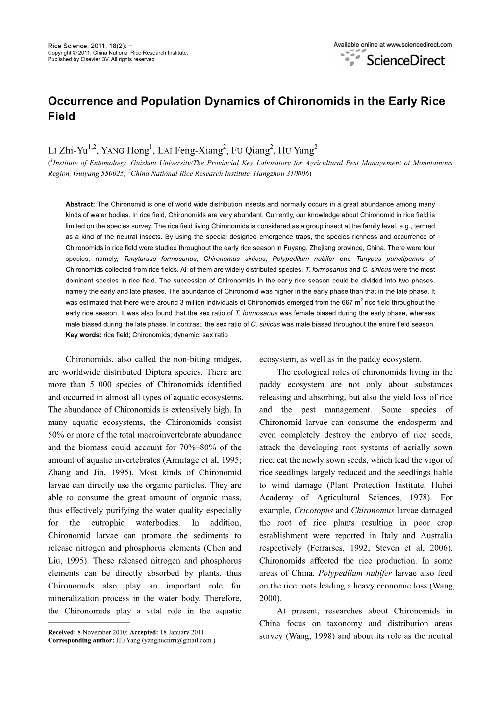 Occurrence and Population Dynamics of Chironomids in the Early Rice Field