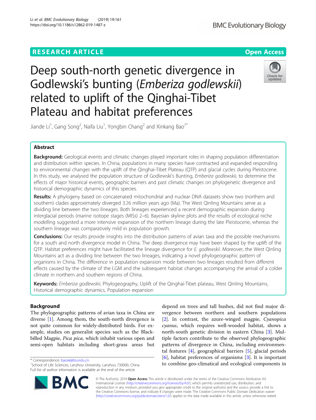 (Emberiza Godlewskii) Related to Uplift of the Qinghai-Tibet Plateau and Habitat Preferences Jiande Li1, Gang Song2, Naifa Liu1, Yongbin Chang2 and Xinkang Bao1*