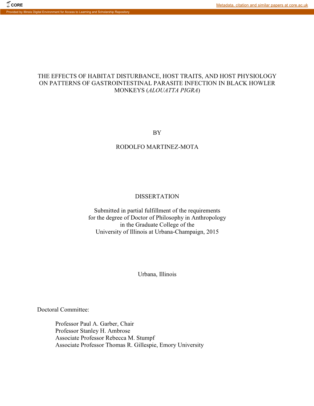 The Effects of Habitat Disturbance, Host Traits, and Host Physiology on Patterns of Gastrointestinal Parasite Infection in Black Howler Monkeys (Alouatta Pigra)