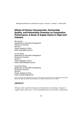 Effects of Partner Characteristic, Partnership Quality, and Partnership Closeness on Cooperative Performance: a Study of Supply Chains in High-Tech Industry