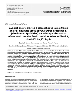 Evaluation of Selected Botanical Aqueous Extracts Against Cabbage Aphid (Brevicoryne Brassicae L. (Hemiptera: Aphididae) on Cabb