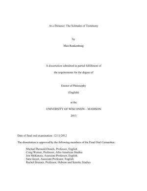 The Solitudes of Testimony by Max Rankenburg a Dissertation