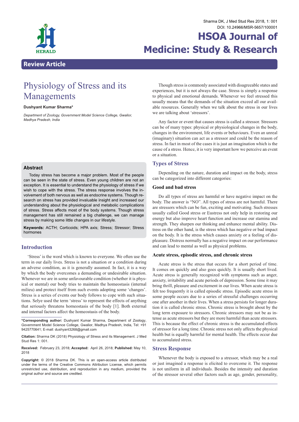 Physiology of Stress and Its Managements