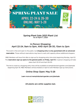 Spring Plant Sale 2021 Plant List As of April 7, 2021