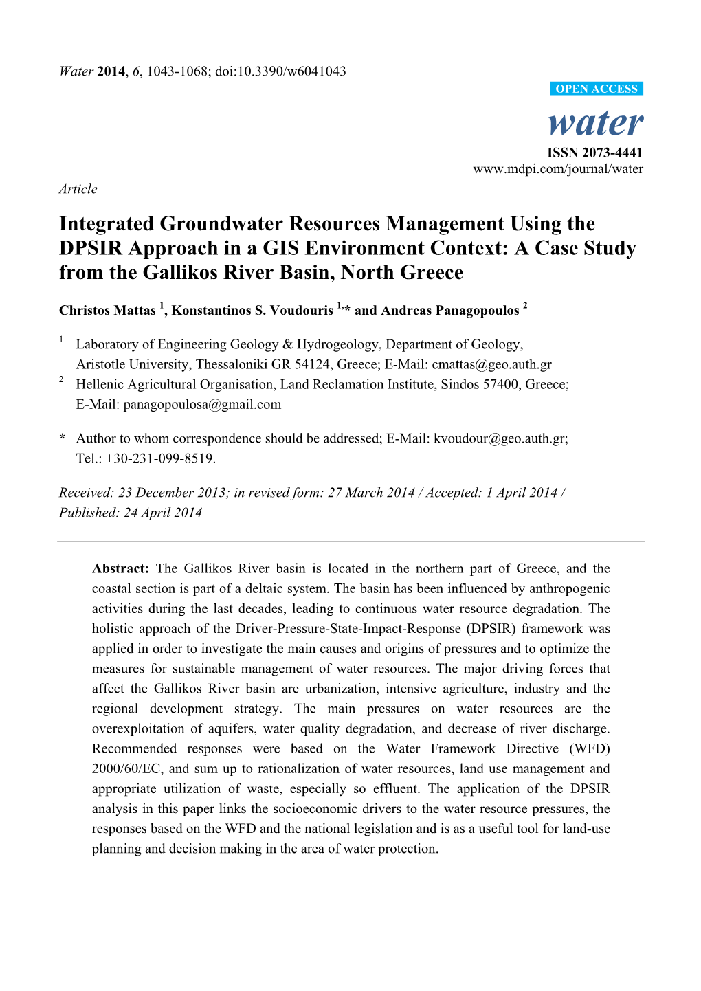 Integrated Groundwater Resources Management Using the DPSIR Approach in a GIS Environment Context: a Case Study from the Gallikos River Basin, North Greece