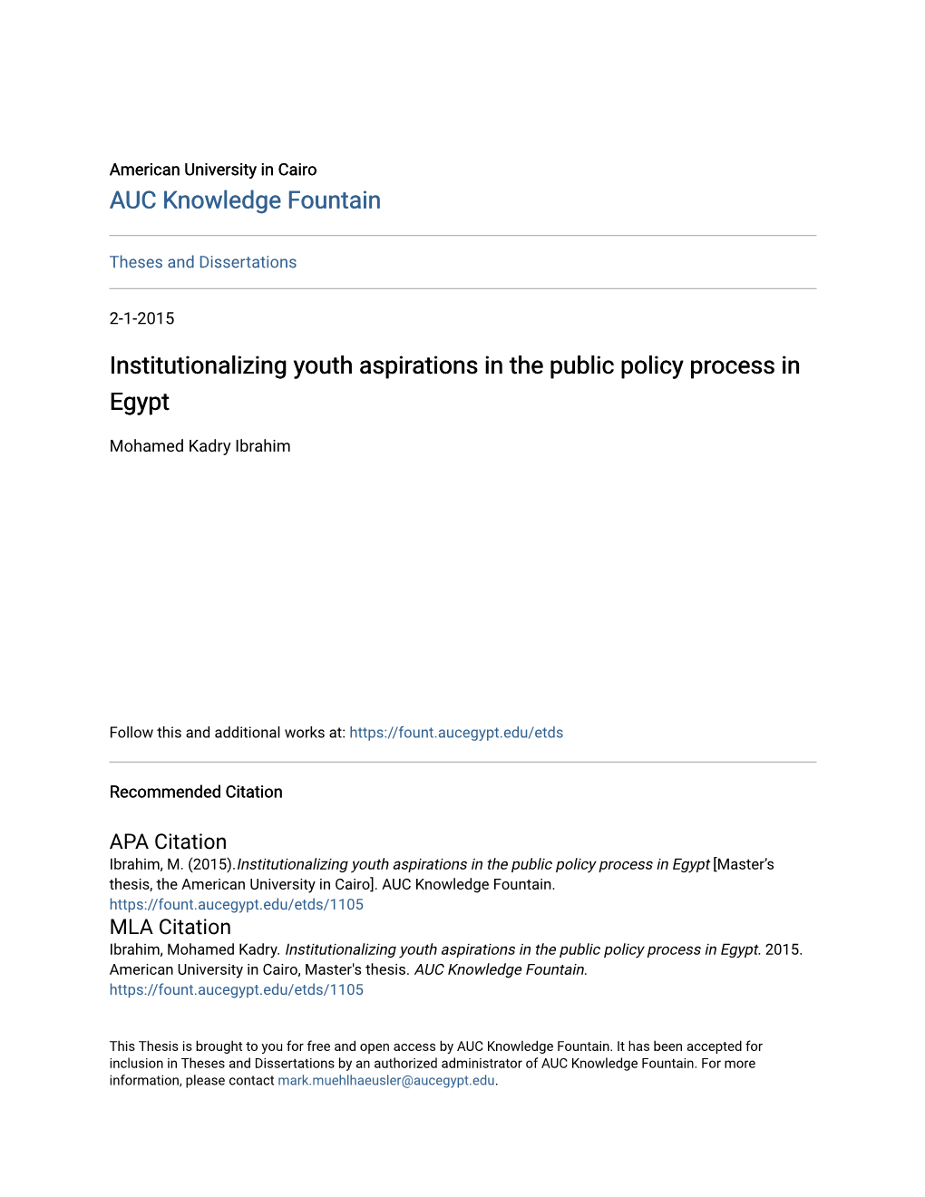 Institutionalizing Youth Aspirations in the Public Policy Process in Egypt