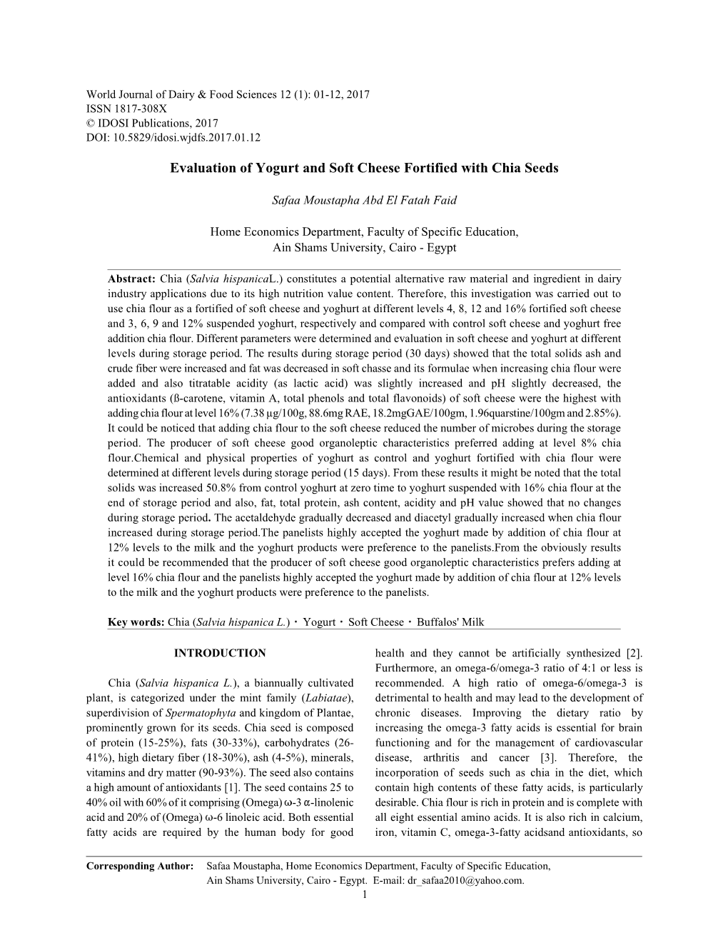 Evaluation of Yogurt and Soft Cheese Fortified with Chia Seeds