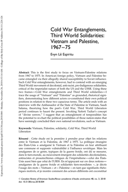 Cold War Entanglements, Third World Solidarities: Vietnam and Palestine, 1967–75 Evyn Leˆ Espiritu
