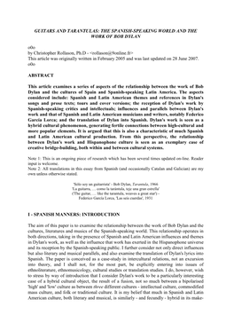 GUITARS and TARANTULAS: the SPANISH-SPEAKING WORLD and the WORK of BOB DYLAN O0o by Christopher Rollason, Ph.D