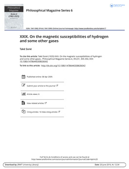 XXIX. on the Magnetic Susceptibilities of Hydrogen and Some Other Gases