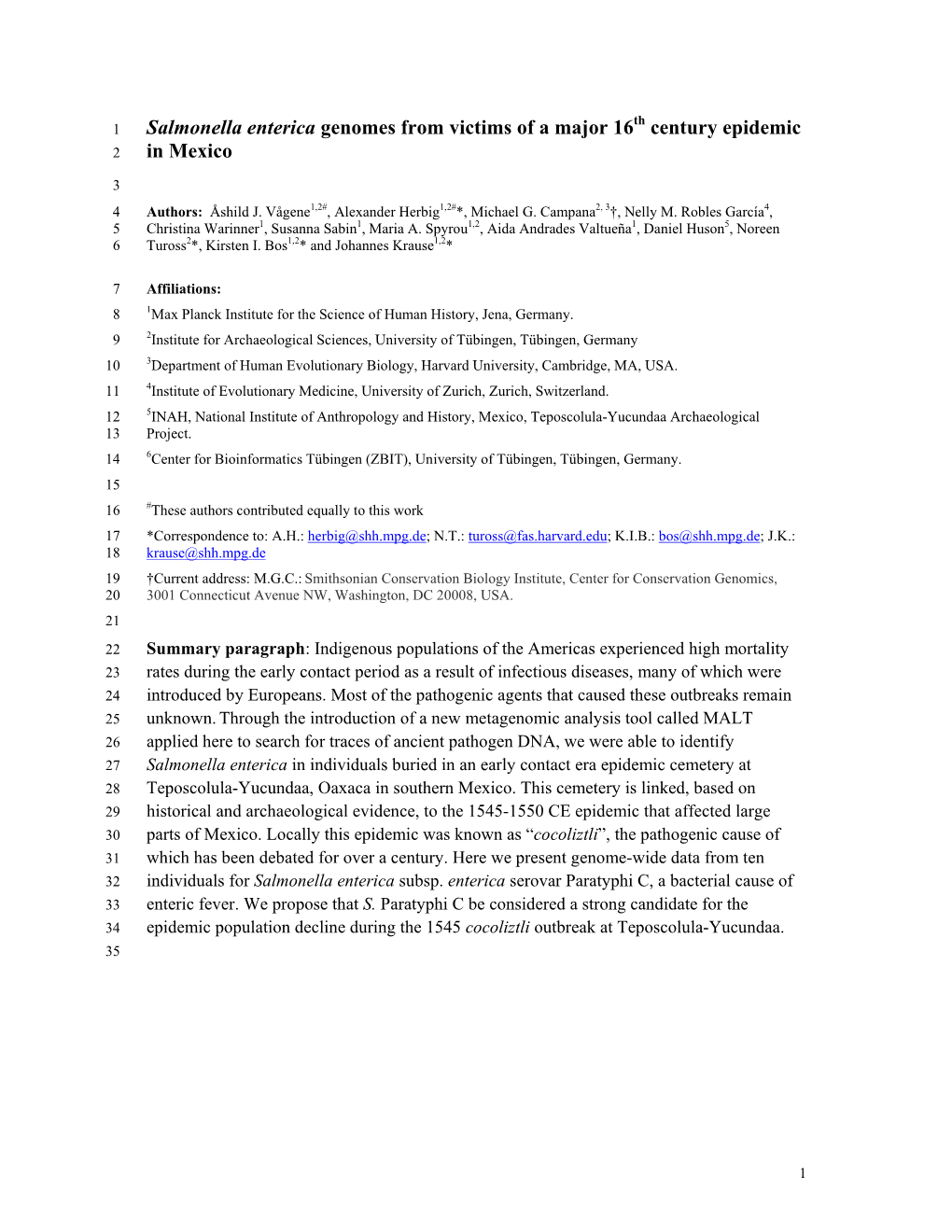 Salmonella Enterica Genomes from Victims of a Major 16 Century Epidemic 2 in Mexico