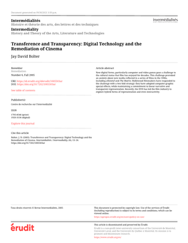 Transference and Transparency: Digital Technology and the Remediation of Cinema Jay David Bolter