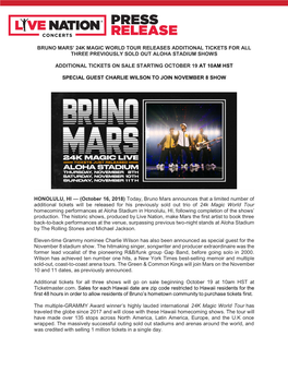 Bruno Mars' 24K Magic World Tour Releases Additional