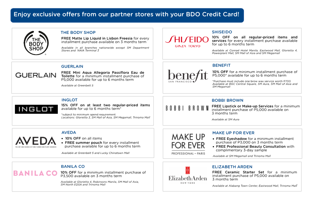 Enjoy Exclusive Ofers from Our Partner Stores with Your BDO Credit Card!