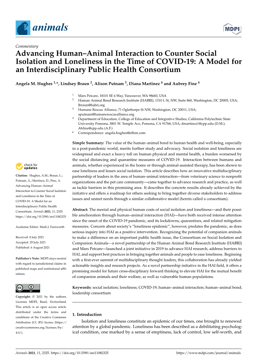 Advancing Human–Animal Interaction to Counter Social Isolation and Loneliness in the Time of COVID-19: a Model for an Interdisciplinary Public Health Consortium