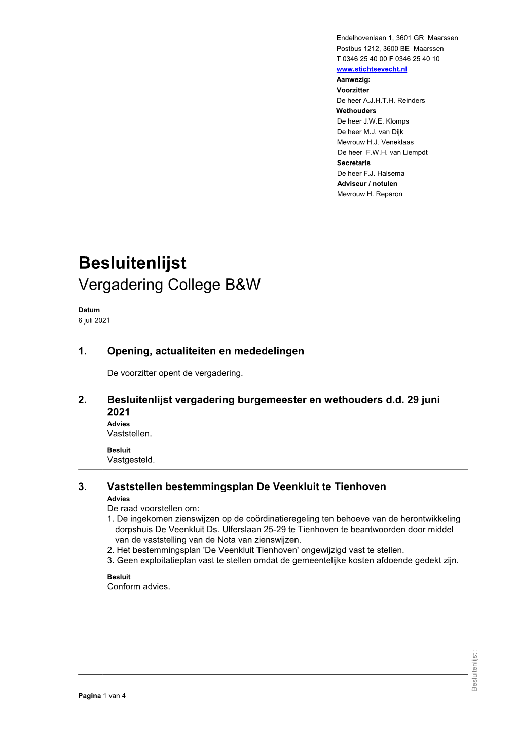 Besluitenlijst Vergadering College B&W