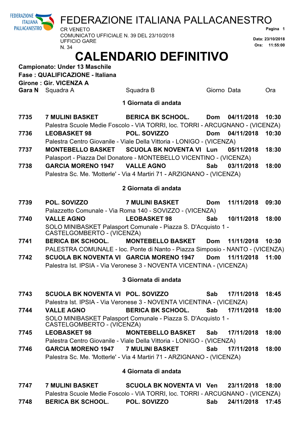 CALENDARIO DEFINITIVO Campionato: Under 13 Maschile Fase : QUALIFICAZIONE - Italiana Girone : Gir