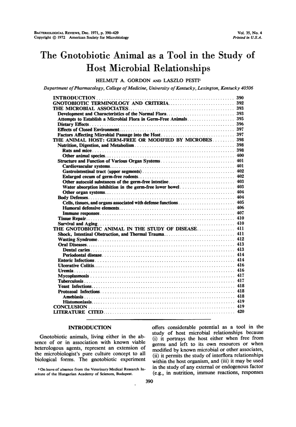 The Gnotobiotic Animal As a Tool in the Study of Host Microbial Relationships HELMUT A