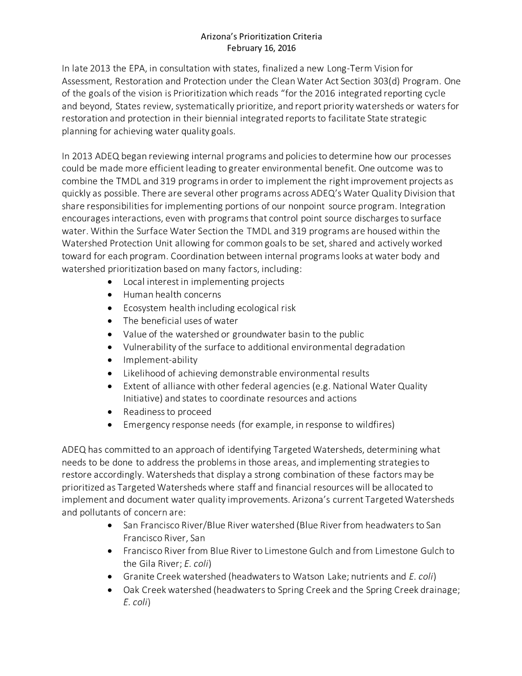 Arizona’S Prioritization Criteria February 16, 2016