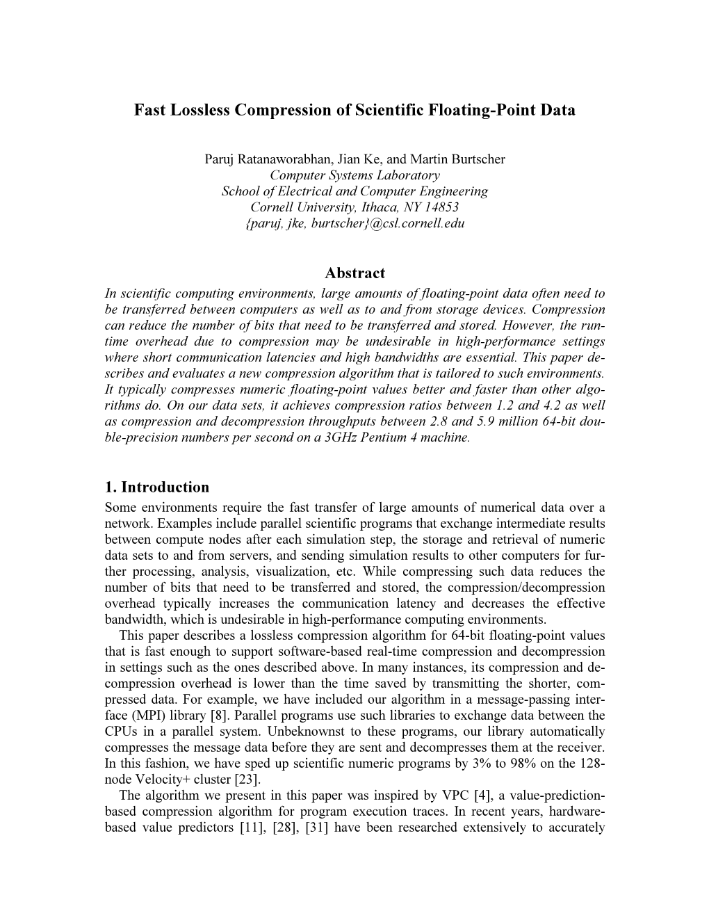 Fast Lossless Compression of Scientific Floating-Point Data