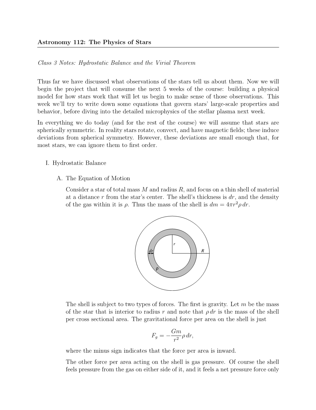 The Physics of Stars Class 3 Notes: Hydrostatic Balance and the Virial