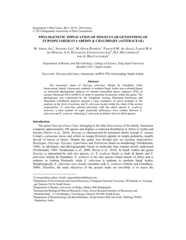 Phylogenetic Implication of Molecular Genotyping of Euryops Jaberiana Abedin & Chaudhary