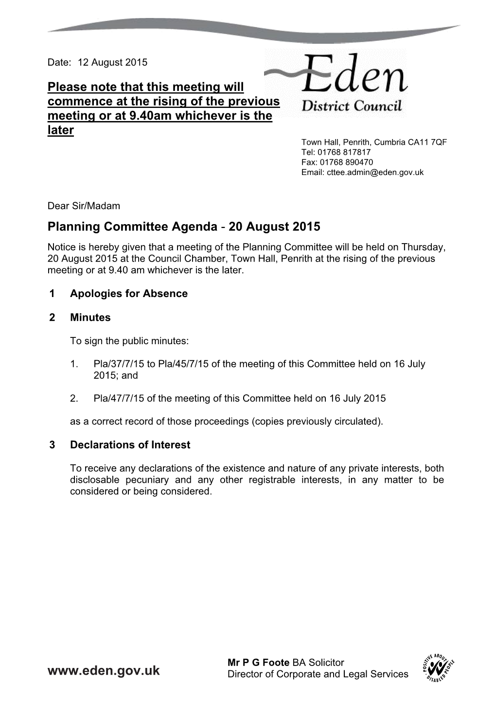 (Public Pack)Agenda Document for Planning Committee, 20/08/2015