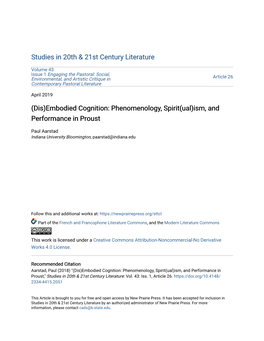 Embodied Cognition: Phenomenology, Spirit(Ual)Ism, and Performance in Proust