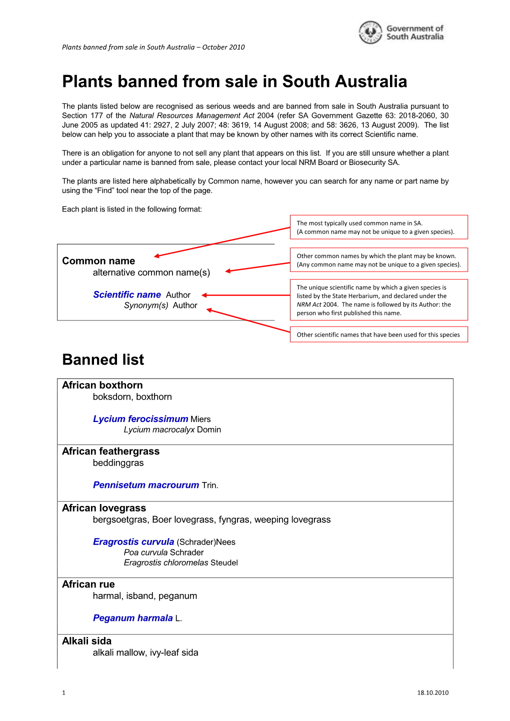 Plants Banned from Sale in South Australia – October 2010