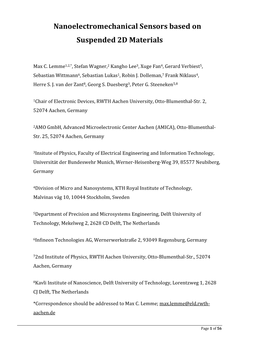 Nanoelectromechanical Sensors Based on Suspended 2D Materials